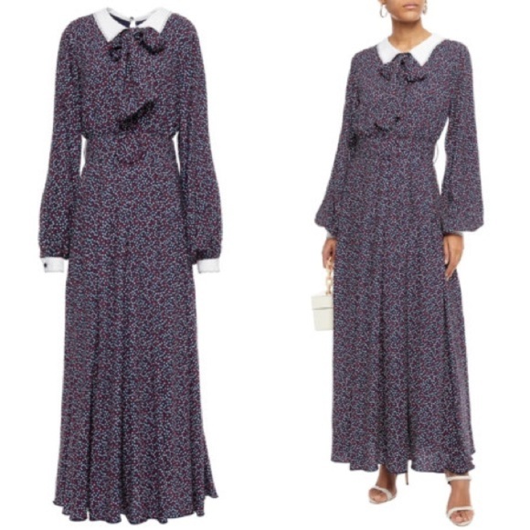 NWT GUL HURGEL Woven Maxi Dress Prairie Long Sleeve Polka Dot Blue Red White M - Picture 1 of 15